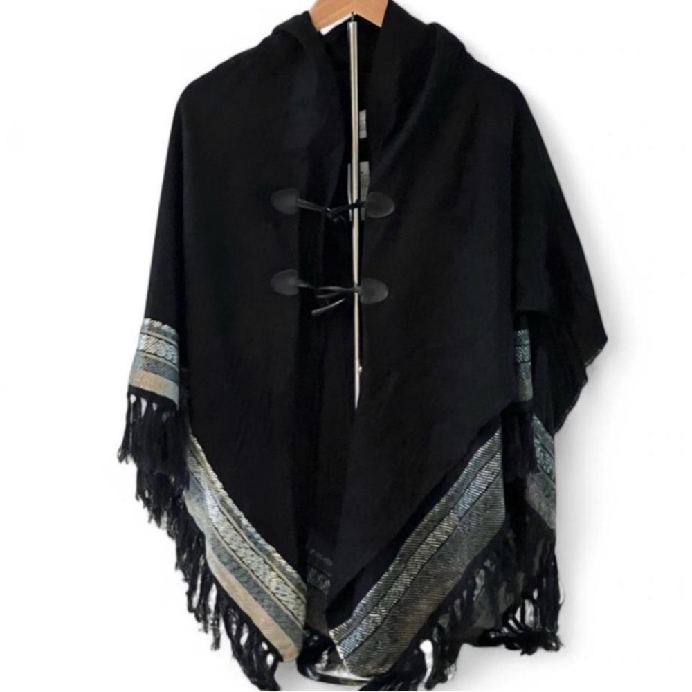 Beautiful Black Poncho with Fringe accents Toggle Closure One Size